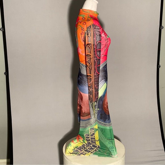 No 1 Los Angeles Long Sleeve Stretch Dollar Print Mesh Bodycon Sexy Maxi Dress - Picture 6 of 14